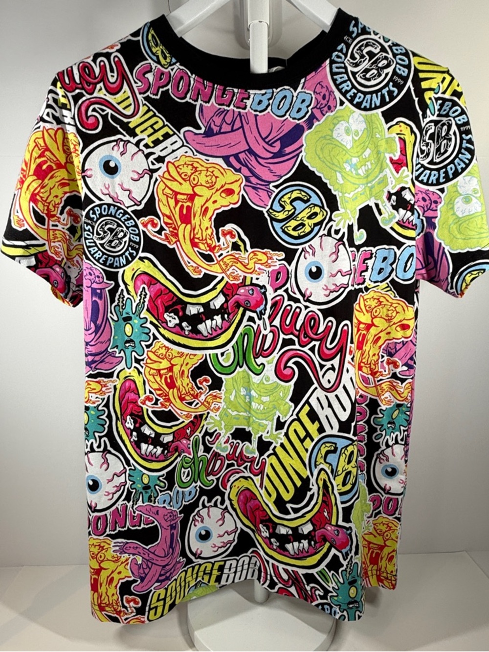 H&M Youth Black Tee with Neon SpongeBob Graphics
